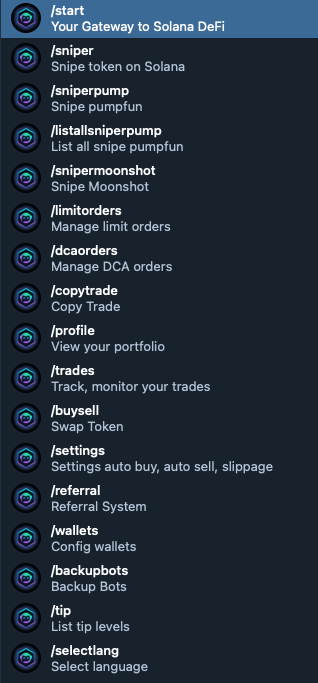 Sol Trading Bot menu